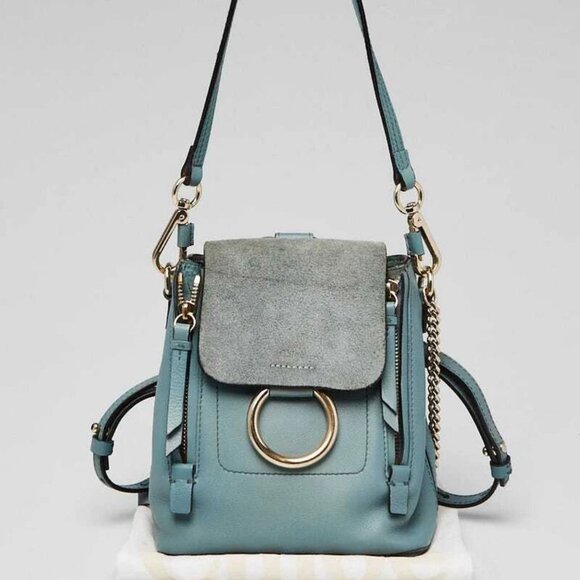Chloe Light Blue Leather and Suede Mini Faye Backpack Bag - Picture 1 of 11